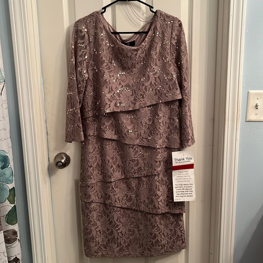Taupe with gold sequins 3/4 sleeve ruffle dress for going out or to weddings
